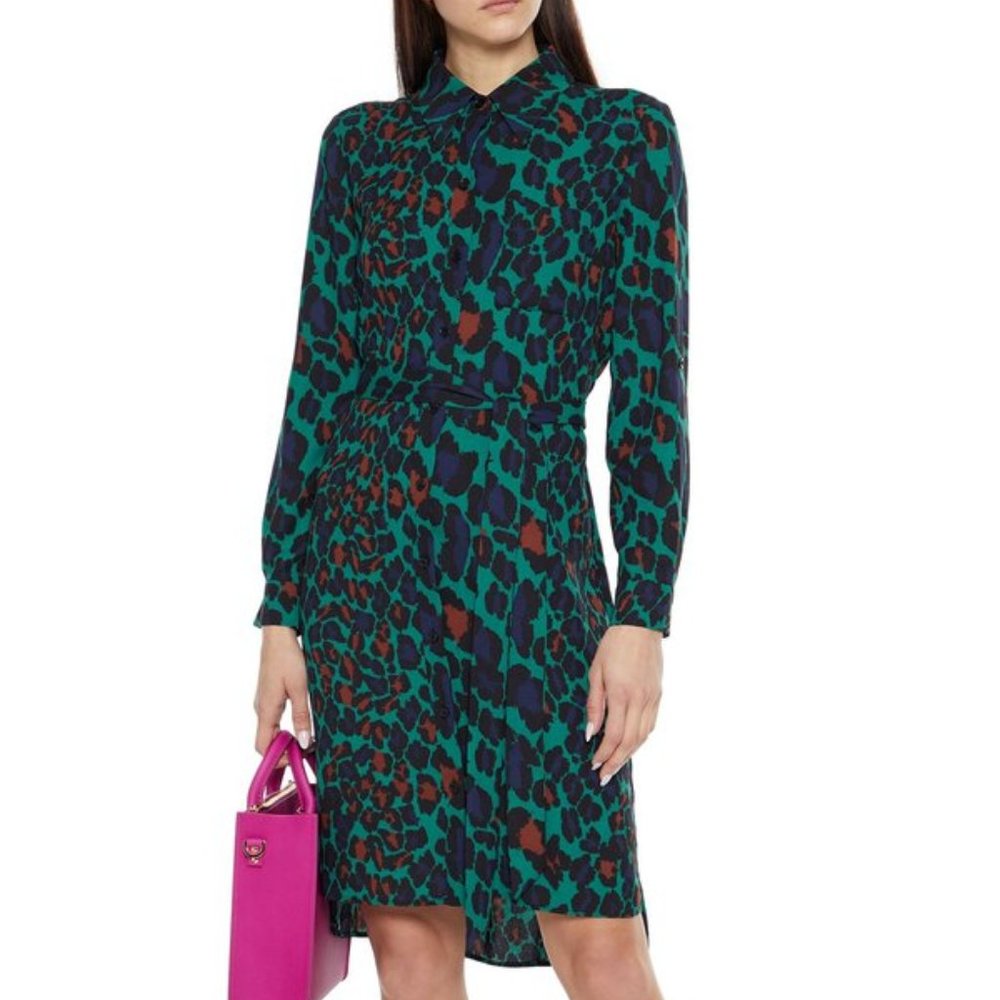 NWT Diane von Furstenberg emerald leopard crepe shirtdress sz M